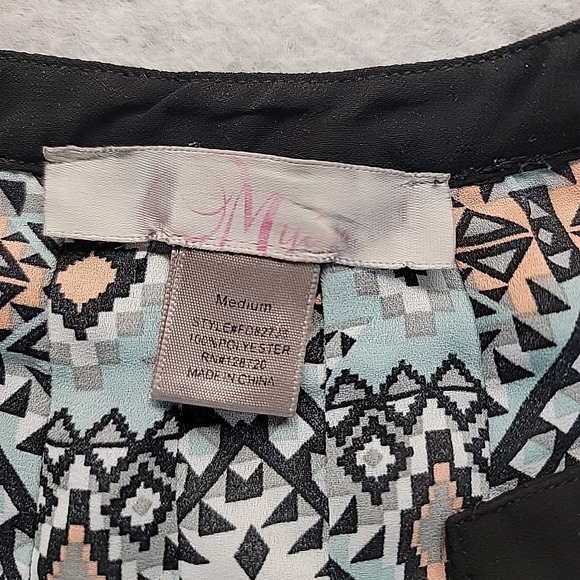 Myan Women's Top Medium Black Tan Sheer Geometric‎ Print Short Sleeve Blouse - Picture 4 of 9